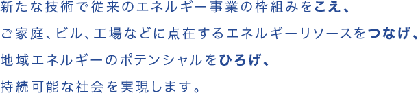 新たな技術で従来のエネルギー事業の枠組みをこえ、
ご家庭、ビル、工場などに点在するエネルギーリソースをつなげ、
地域エネルギーのポテンシャルをひろげ、
持続可能な社会を実現します。