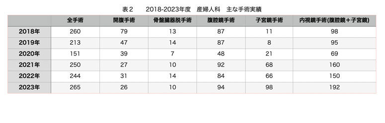 年度別産婦人科手術実績の表組