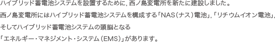 ハイブリッド蓄電池システムを設置するために,西ノ島変電所を新たに建設しました。西ノ島変電所にはハイブリッド蓄電池システムを構成する「NAS（ナス）電池」,「リチウム電池」,そしてハイブリッド蓄電池システムの頭脳となる「エネルギー・マネジメント・システム（EMS）」があります。